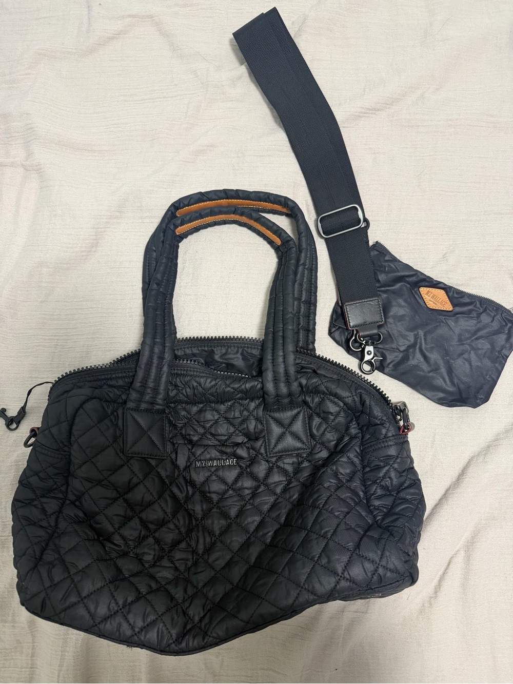 MZ Wallace Black Quilted Duffel Travel Bag with Adjustable Shoulder Straps